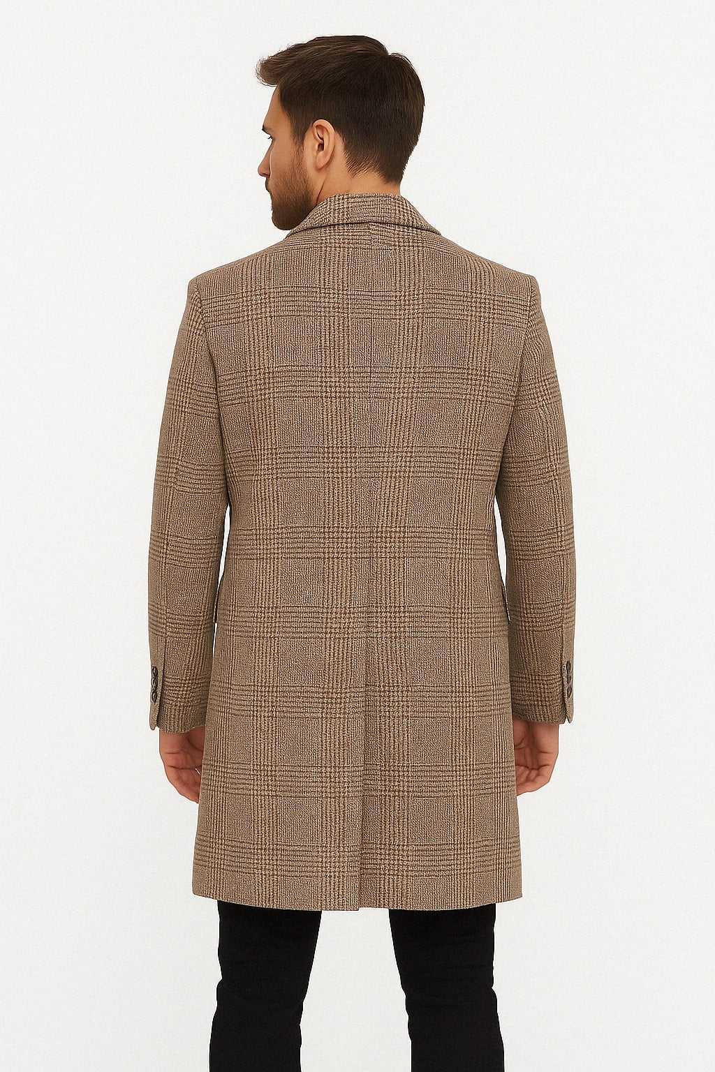 Mens Gray and Light Brown Glen Plaid Wool Overcoat – Double-Breasted Vintage Check Coat - Coat Size 38