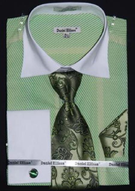 Apple Two Tone Stripes Design Dress Fashion Shirt/ Tie / Hanky Set White Collar Two Toned Contrast With Free Cufflinks Men's Dress Shirt - Large 16.5" Neck / 36-37" sleeve