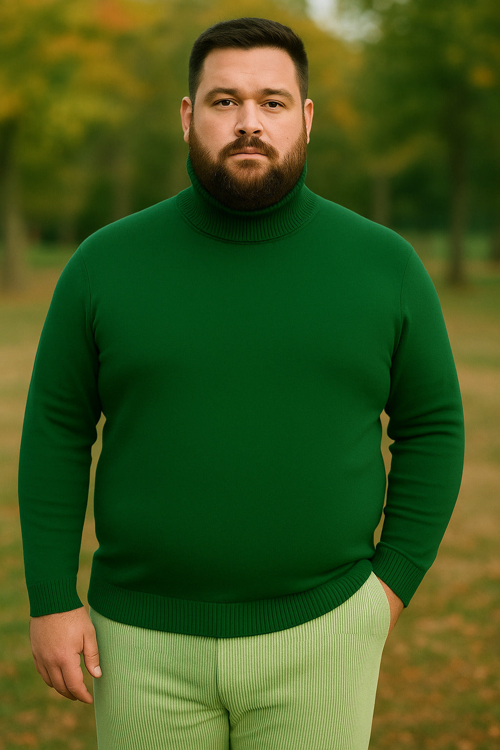Mens Green Slim Fit Turtleneck Sweater – Lightweight Knit Pullover in Emerald Green - S