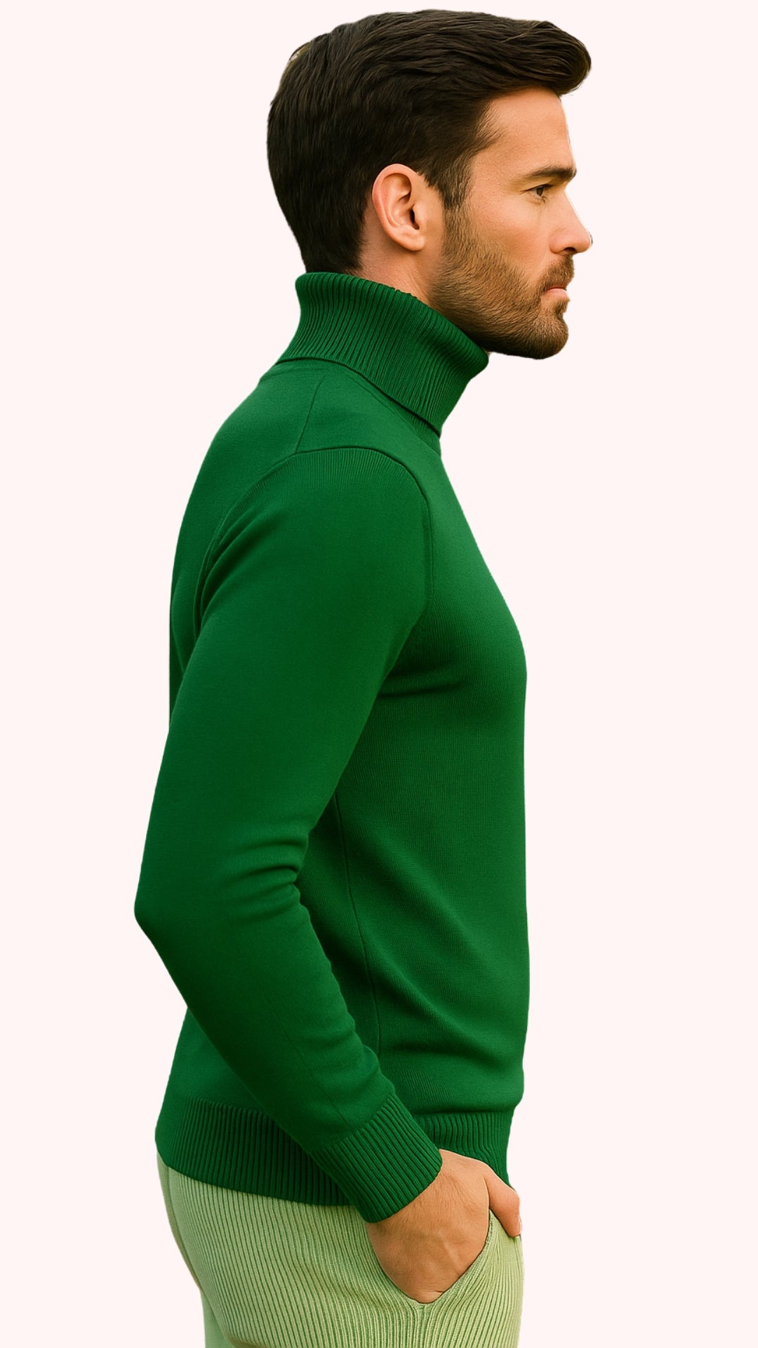 Mens Green Slim Fit Turtleneck Sweater – Lightweight Knit Pullover in Emerald Green - S
