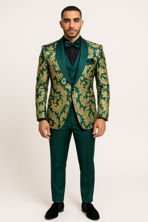 Mens Green and Gold Embroidered Tuxedo 3-Piece Prom Suit