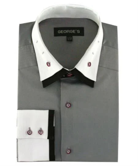 Double Spread Collar 100% Cotton Solid Grey Men's Dress Shirt - Medium 15.5" Neck / 34-35" Sleeve