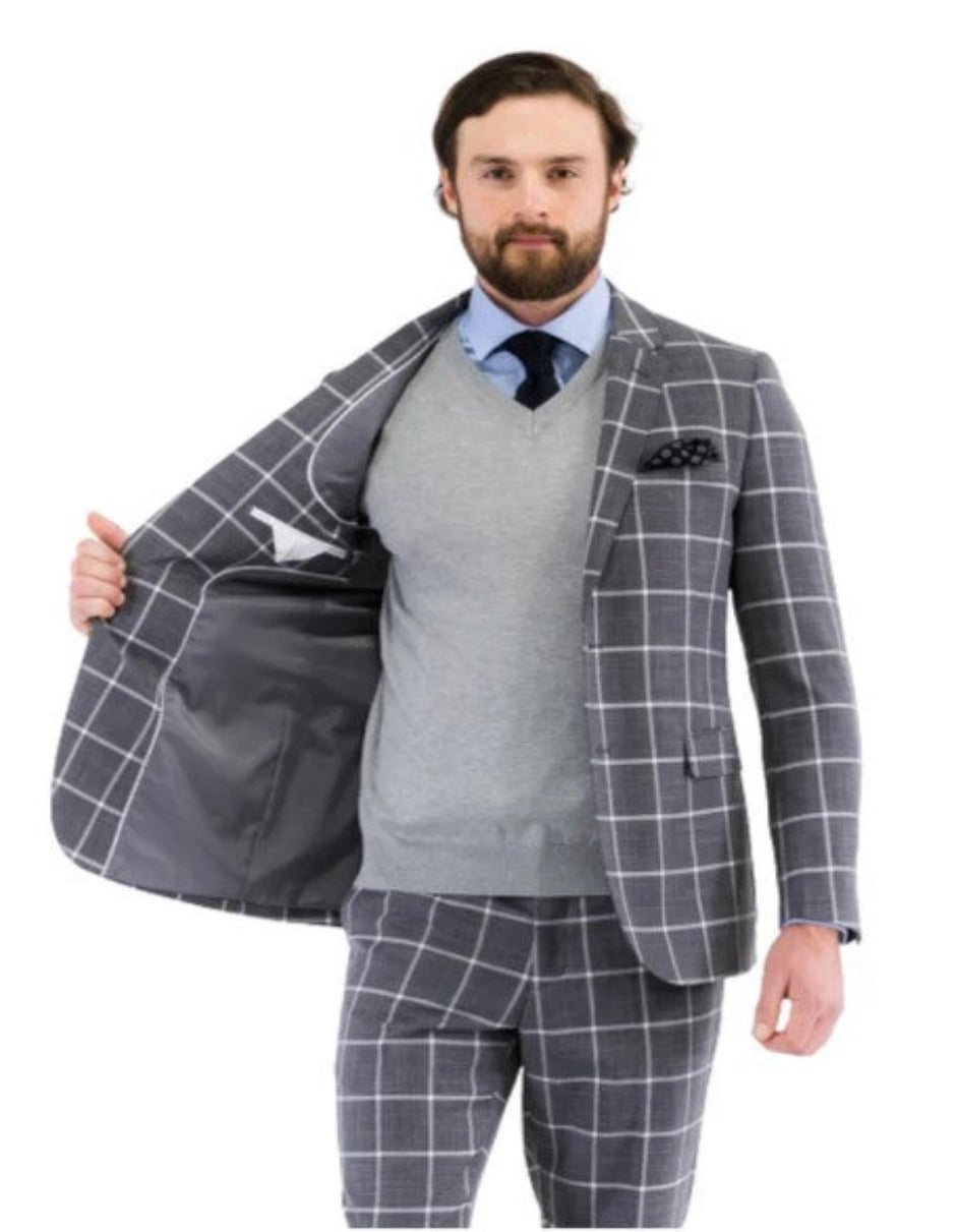 Mens Plaid Suit - Windowpane Pattern With Vest - Business Suit Grey - Coat Size 38