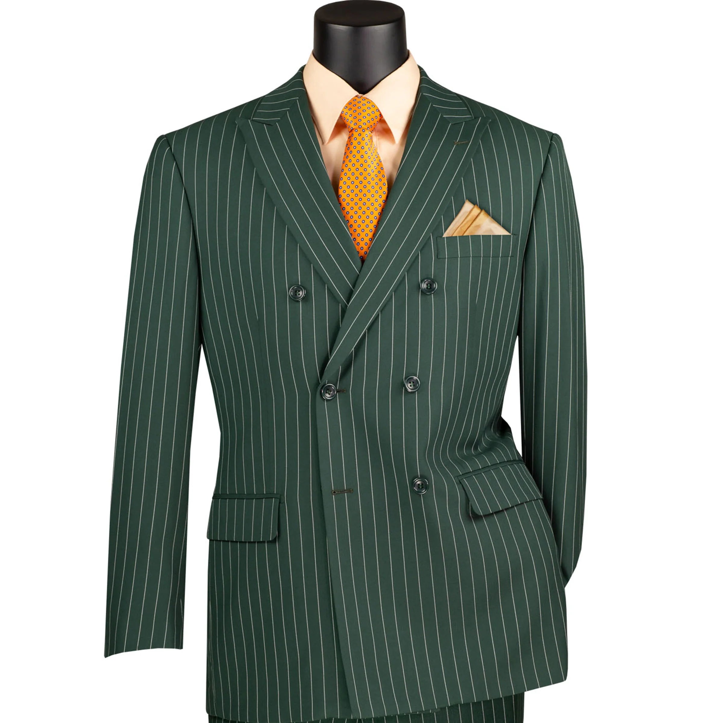 Mens Hunter Green Pinstripe Double-Breasted Suit – Bold 6-Button Vintage Gangster Style 1920s Look - 34 Short or Extra Small