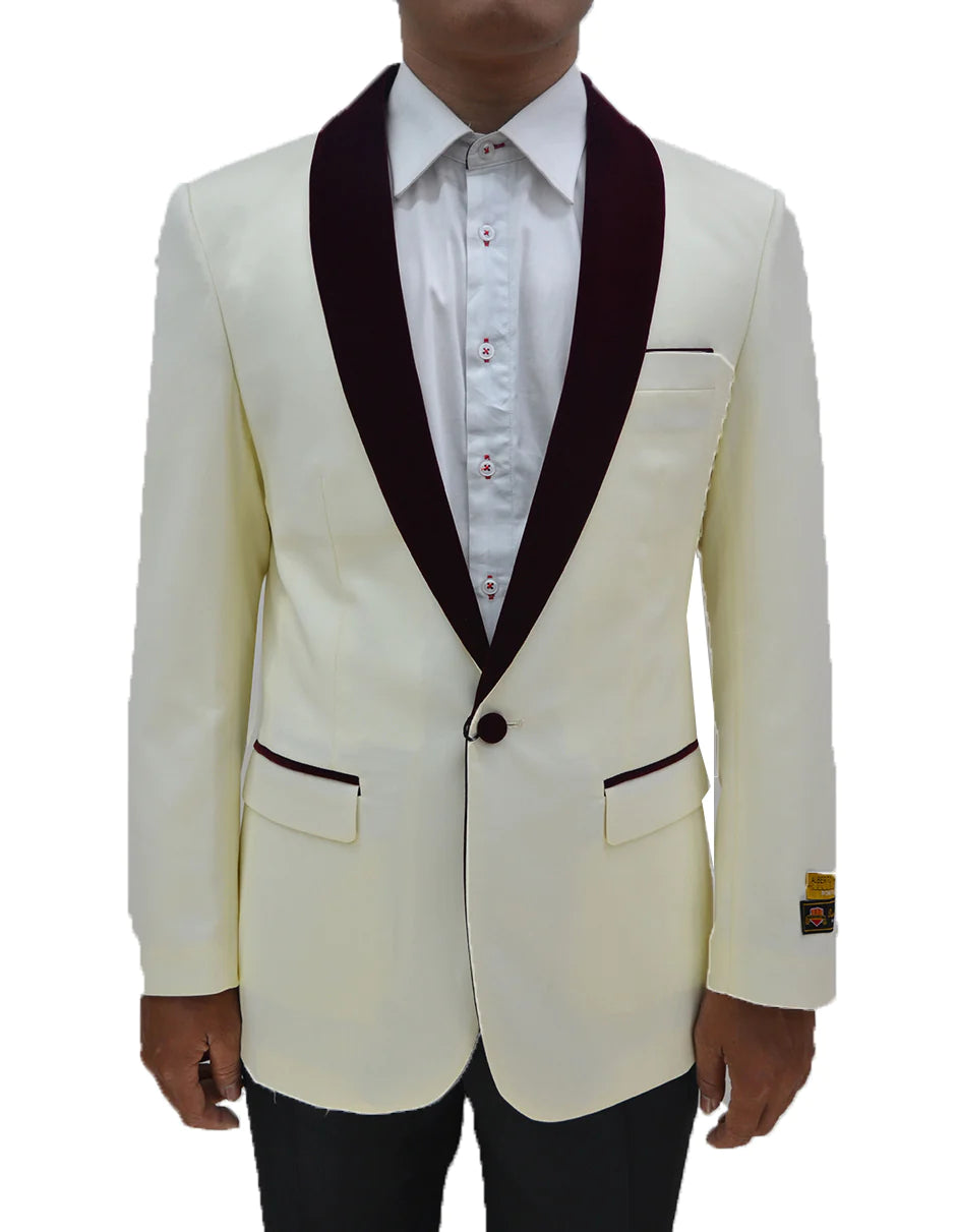 "Mens Suit One Button Contrast Shawl Collar Dinner Jacket Ivory & Burgundy" - XS