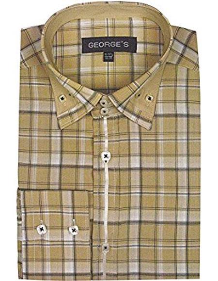 Classic Khaki Long Sleeve Plaids And Checks Pattern Casual Men's Dress Shirt - 16" Neck/32-33" Sleeve