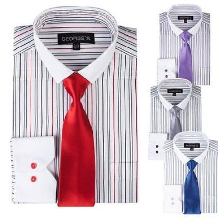 Striped Solid Tie And Slim Collar Style White Collar Two Toned Contrast Multi-Color Men's Dress Shirt - Large 16.5" Neck / 36-37" sleeve
