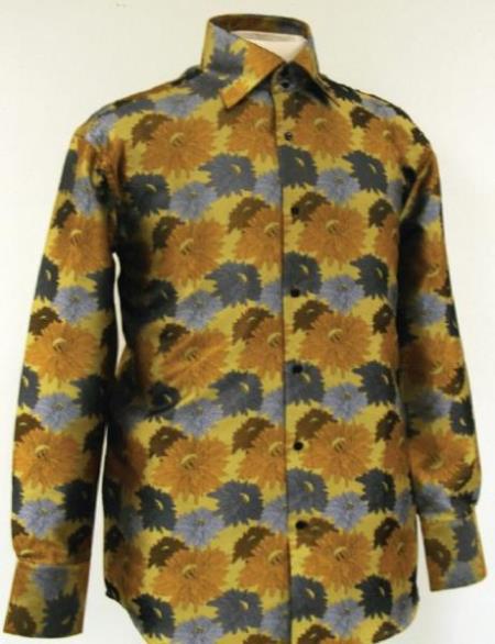 Cotton Fabric Fancy Polyester Shirt With Button Cuff Mustard For Men's Night Club Outfit Guys Wear For Men Clothing Fashion - M Or Medium