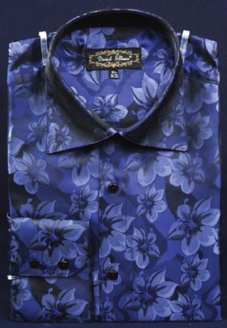 Navy Blue Thick Mandarin Band Fancy Polyester Shirt - M Or Medium