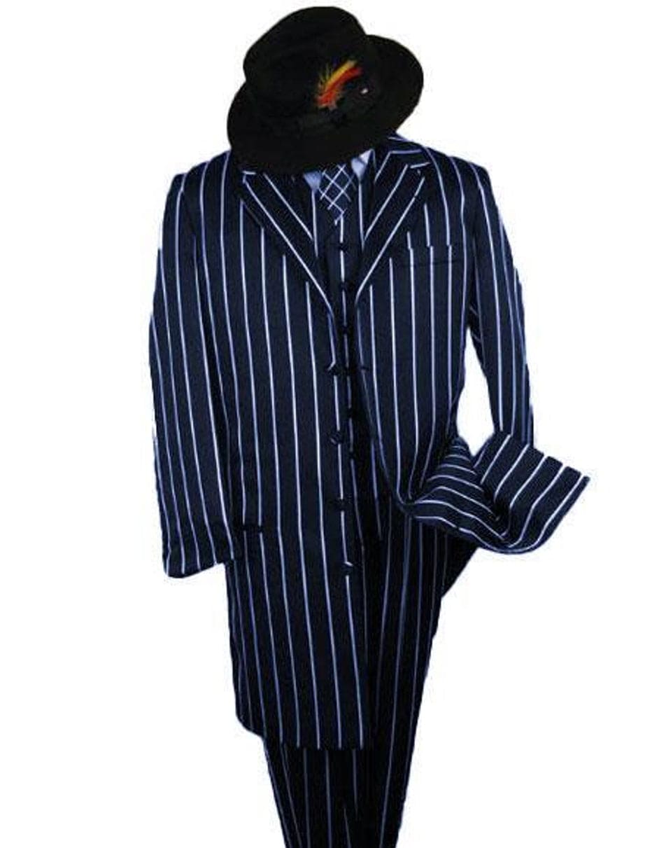 Mens Gangster Zoot Suit in Navy and White Chalk Stripe - 38 Short Jacket+32 Waist Adjustable 28to34)(Height: 5 4 to5 7 )(Neck 15-16.5)S-M)