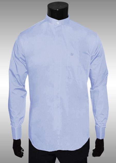 Nehru Collarless Baby Blue Light Medium Fabric Men's Dress Shirt - Medium 15.5" Neck / 34-35" Sleeve