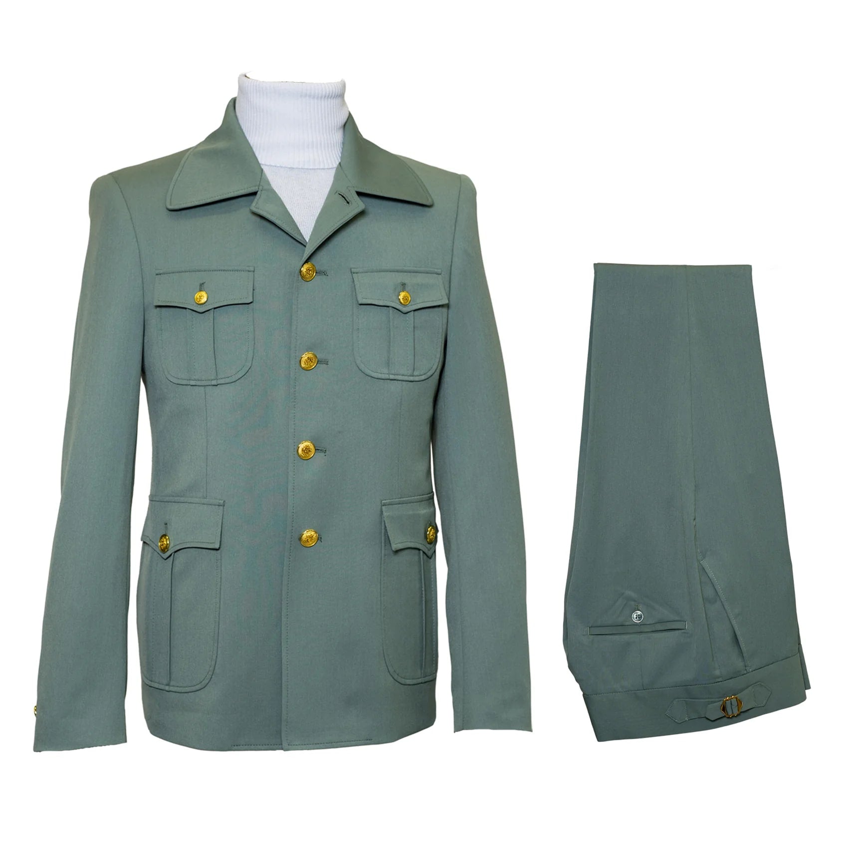 Mens Olive Green Safari Suit Set with Utility Jacket and Adjustable Waist Pants - 34 Short or Extra Small