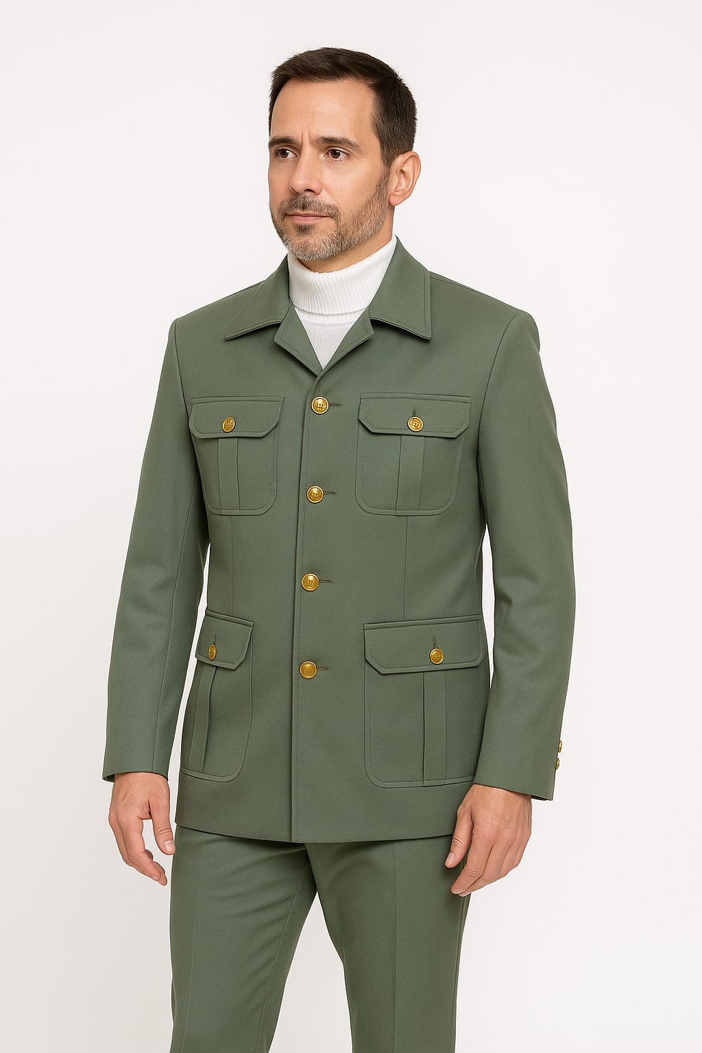 Mens Olive Green Safari Suit Set with Utility Jacket and Adjustable Waist Pants - 34 Short or Extra Small