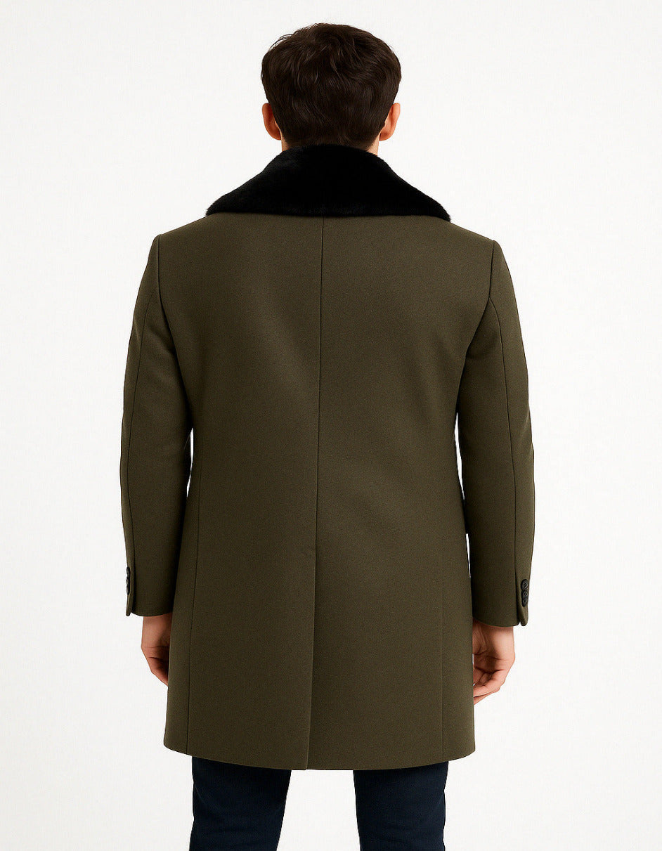 Mens Olive Green Wool Overcoat with Black Faux Fur Shawl Collar – Double Breasted Winter Coat - Coat Size 38