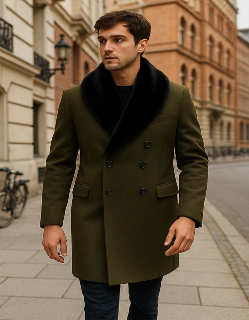 Mens Olive Green Wool Overcoat with Black Faux Fur Shawl Collar Double Breasted Winter Coat