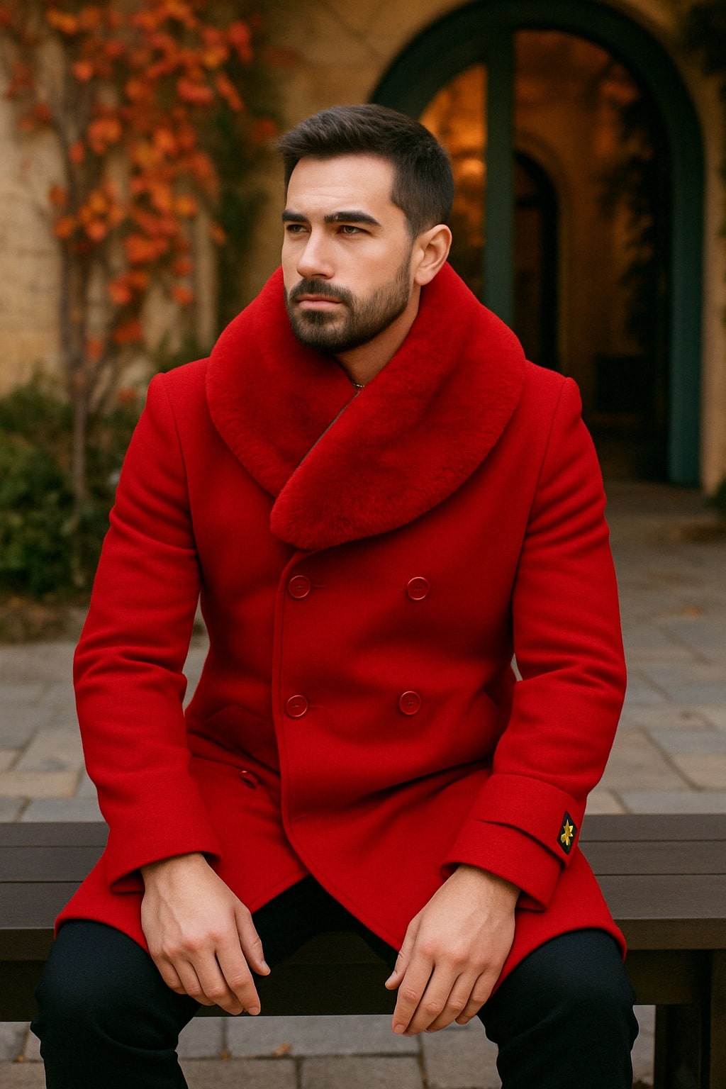 Mens Peacoat Color Red Color - Wool Overcoat with Faux Fur Shawl Collar – Double-Breasted Peacoat for Winter - Coat Size 38