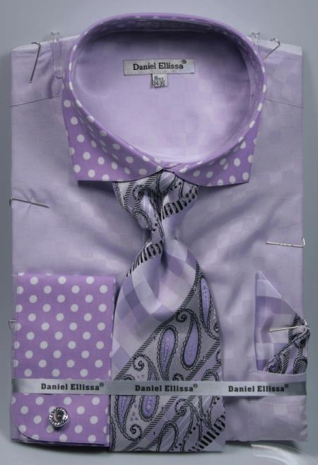 Polka Dot French Cuffed Matching Shirt & Tie Combo Lavender Set Men's Dress Shirt - Large 16.5" Neck / 36-37" Sleeve