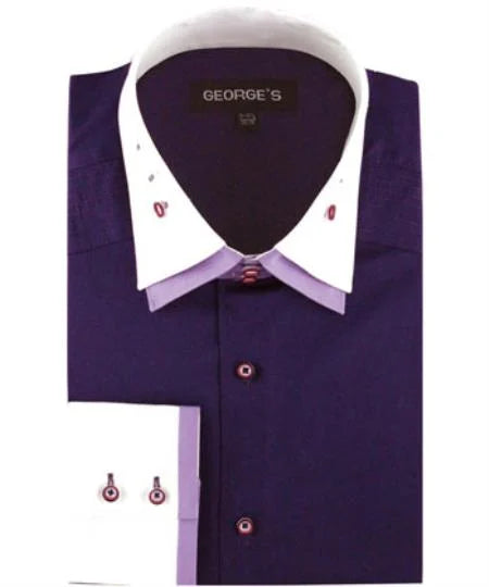Purple 100% Cotton Dress Solid Color Double Spread Collar Men's Dress Shirt - Medium 15.5" Neck / 34-35" Sleeve