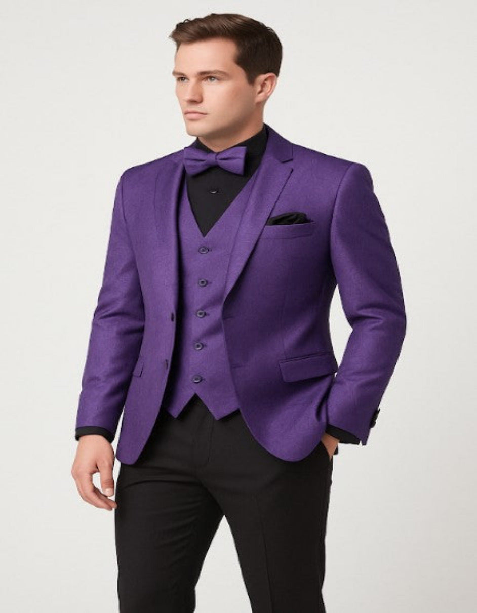 Mens Purple Paisley Tuxedo – 3 Piece Suit with Bow Tie and Black Pants | Wedding & Prom Outfit - Slim Fitted - 34 Short or Extra Small
