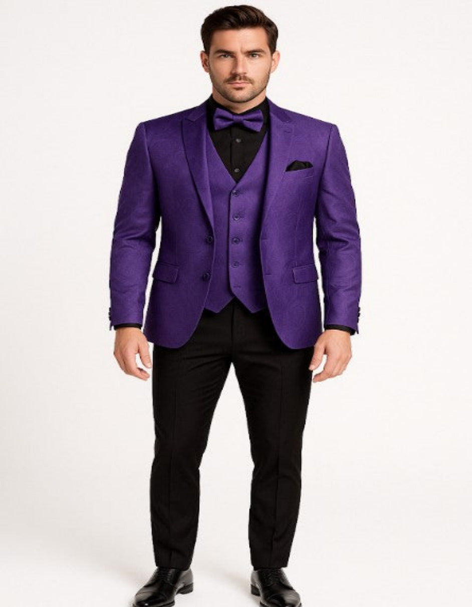 Mens Purple Paisley Tuxedo – 3 Piece Suit with Bow Tie and Black Pants | Wedding & Prom Outfit - Slim Fitted - 34 Short or Extra Small