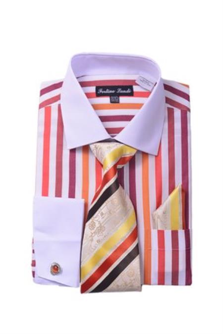 Red Men's White Collar Two Toned Contrast Unique Stripe Fashion Shirt Tie White Collared Contrast And Hanky Matching Color