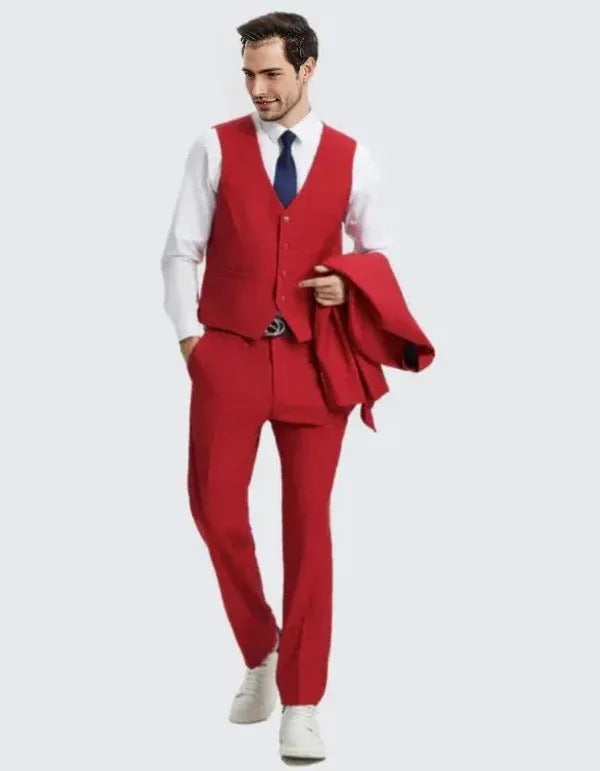 Men's Red Suit Three Piece Set by Stacy Adams - Red Prom 2025 Suits - 38 Short Jacket+32 Waist Adjustable 28to34)(Height: 5 4 to5 7 )(Neck 15-16.5)S-M)