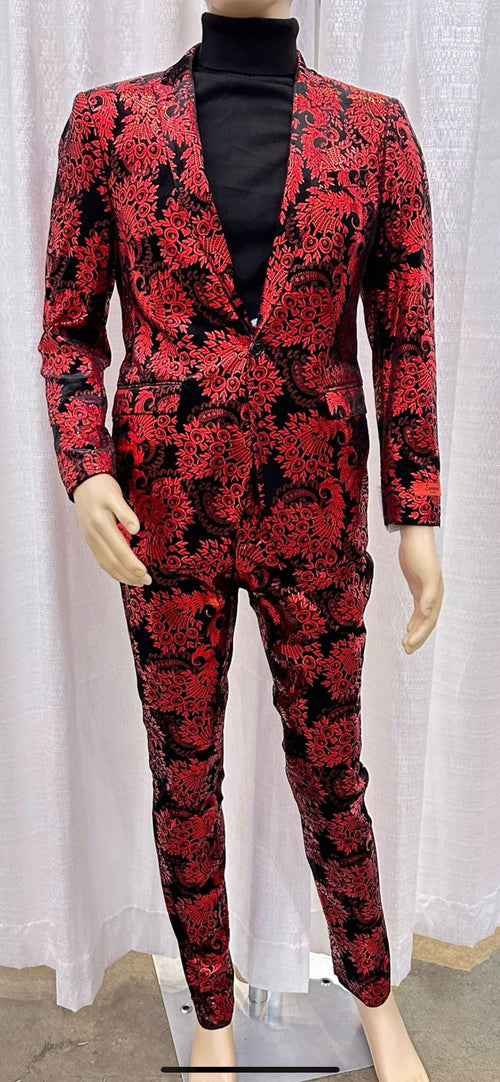 Mens Red and Black Floral Brocade Tuxedo Suit Two Piece Slim Fit Set