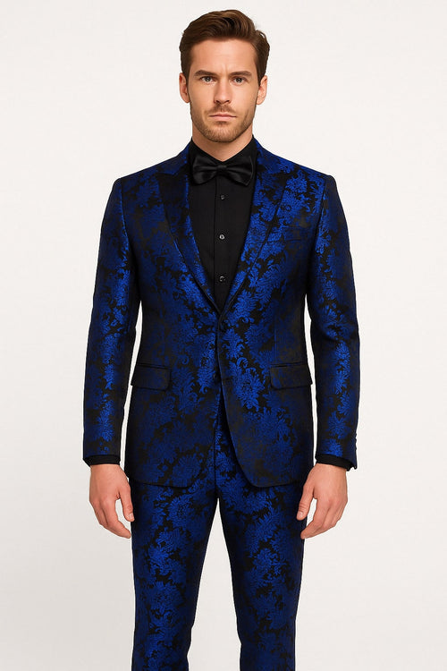 Mens Royal Blue Metallic Floral Suit Black Background Two Piece Tuxedo Set