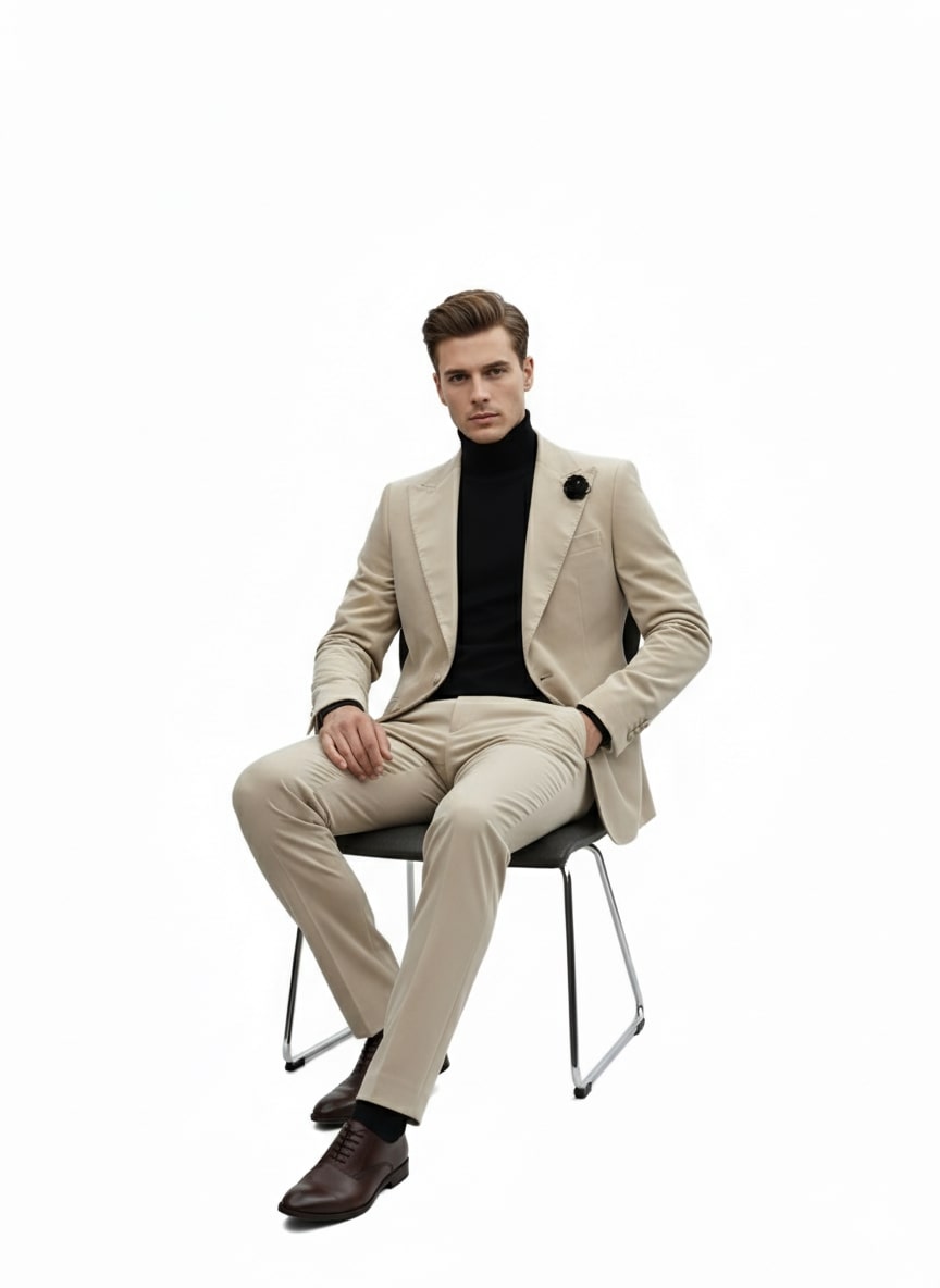 Mens Sand Beige Velvet Tuxedo Suit – 2 Piece Slim Fit Blazer and Pants Formal Set - Winter Fabric Natural Color - 34 Short or Extra Small
