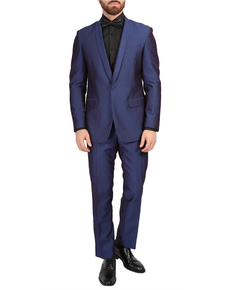 Mens Navy Blue Wedding Tuxedo - Dark Blue Tuxedo Suit"Mens Slim Fit Sharkskin Shawl Prom 2025 Tuxedo in Navy Blue - 34 Short