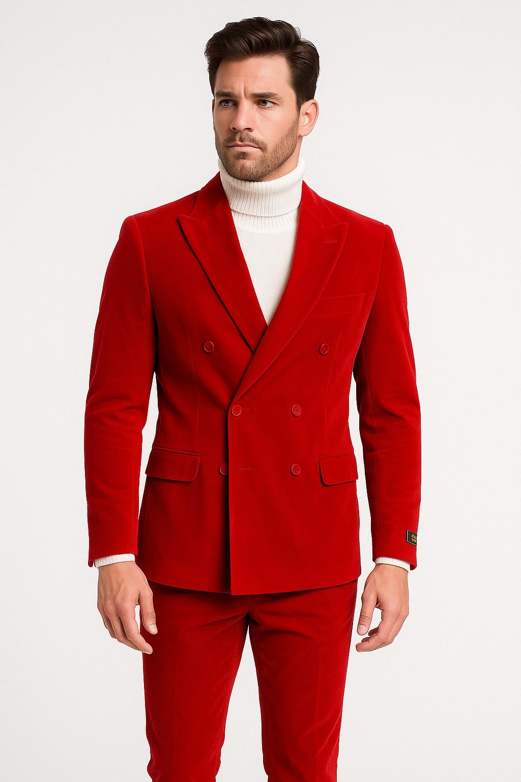 Mens Slim Fit Red Velvet Double Breasted Suit with Peak Lapel – Formal Tuxedo Style - 34 Short or Extra Small