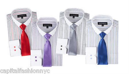 Striped From George Slim Tie White Collar Two Toned Contrast Multi-Color Men's Dress Shirt - Large 16.5" Neck / 36-37" sleeve