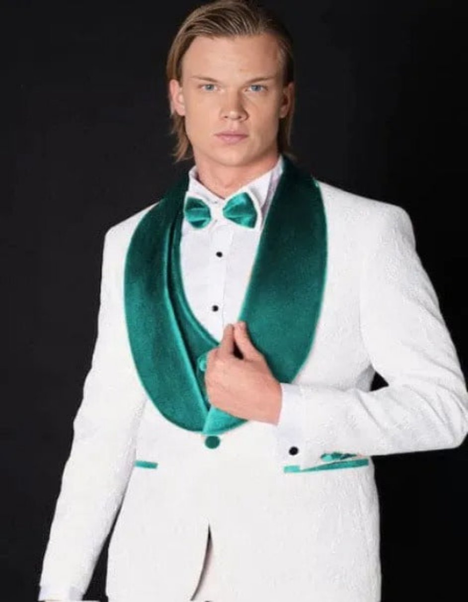 White and Teal Blue Lapel Tuxedo With Vest and Pants - Wedding Groom Suit - Coat Size 38