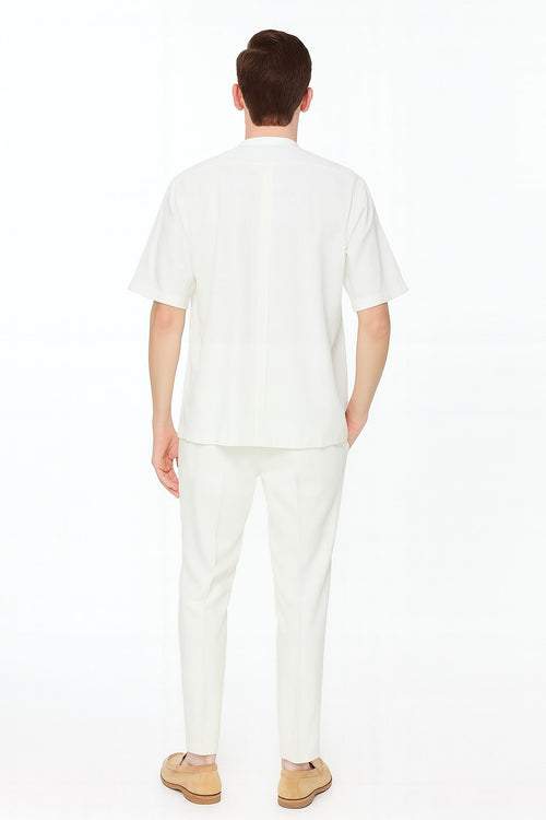 Mens White Banded Collar Two-Piece Set Short Sleeve Shirt and Pants Banded Collar Linen Fabric