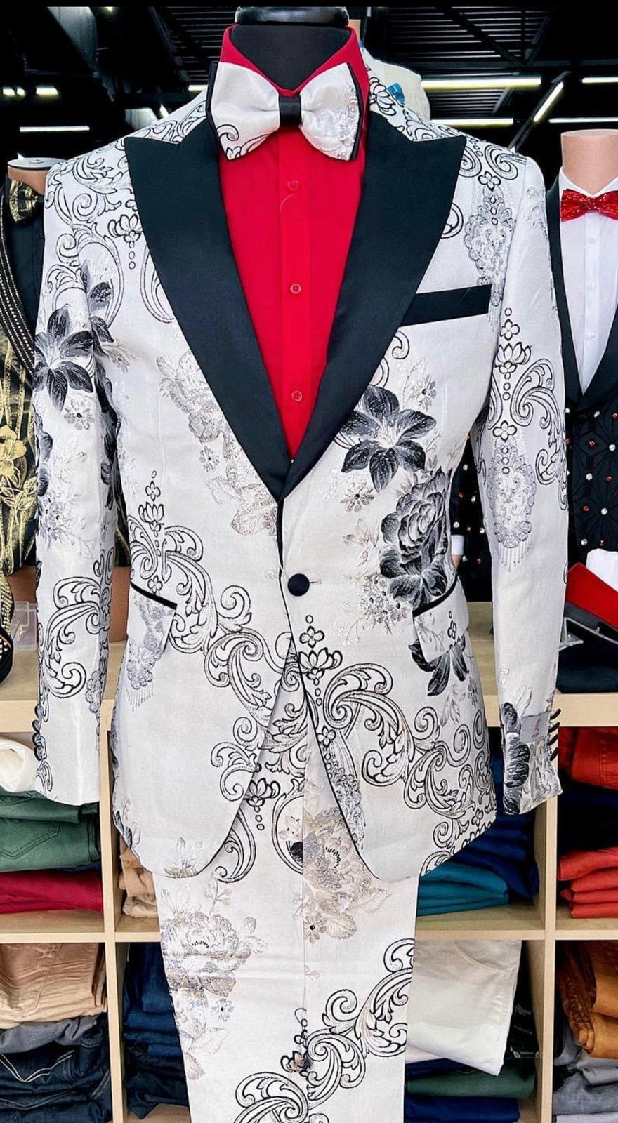 Mens White Floral Tuxedo with Black Lapel – 3-Piece Designer Prom Suit Wedding Suit - 34 Short or Extra Small