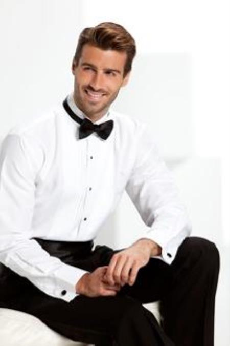 Men's White Tuxedo Shirt With Bow Tie Black Tuxedo Pants - Short 34 Extra Small