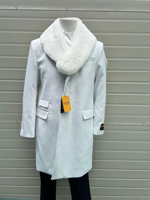 Mens White Wool Overcoat with Plush Faux Fur Shawl Collar – Alberto Nardoni Formal Winter Coat