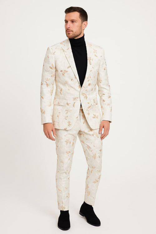 Mens White and Gold Embroidered Floral Suit Prom Tuxedo Suit