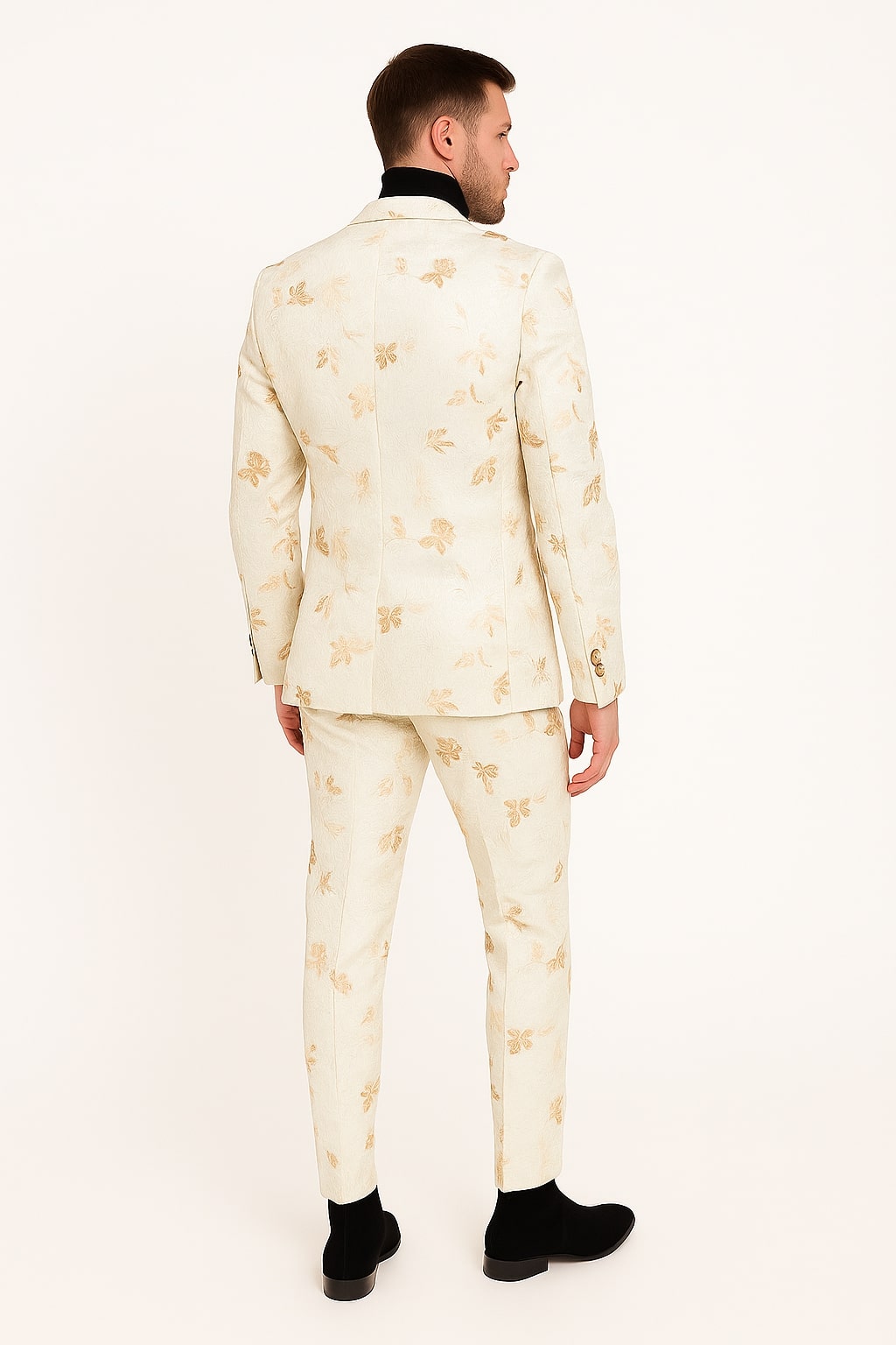 Mens White and Gold Embroidered Floral Suit – Prom Tuxedo Suit - 48 Regular Jacket+42 Waist Adjust 38to44)Height: 5'7"-6')(Neck 17.5-19:Xl-XXL