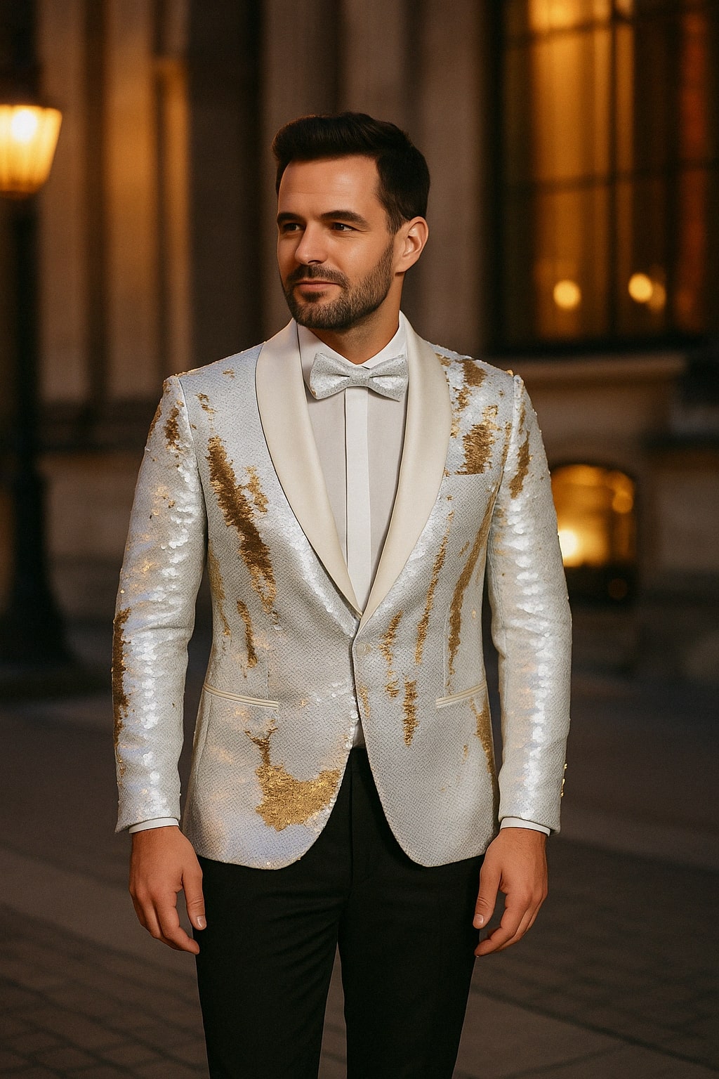 Mens White and Gold Reversible Sequin Tuxedo Jacket with Satin Lapel and Matching Bow Tie - 34 Short or Extra Small