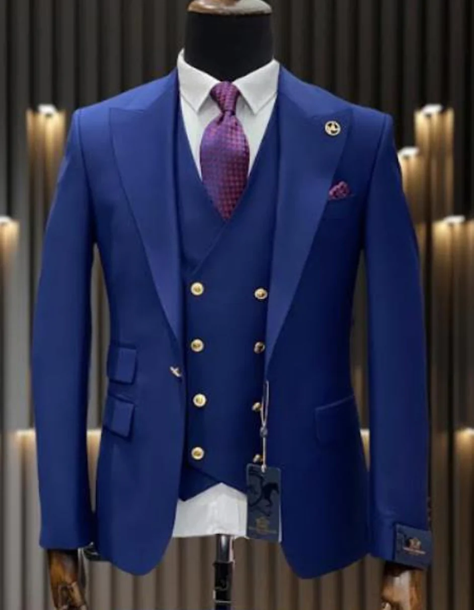 Best Mens One Button Peak Lapel Vested Wool Suit with Gold buttons in Sapphire Blue - For Men Fashion Perfect For Wedding or Prom 2025 or Business or Church - 34 short