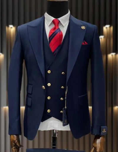 Mens Double breasted Suit - "Navy Blue" 1920s 1980s Style Peak Lapel Suits - Back Side Vented Mens One Button Peak Lapel Vested Wool Feel - Designer Brand Gold buttons in Navy Blue