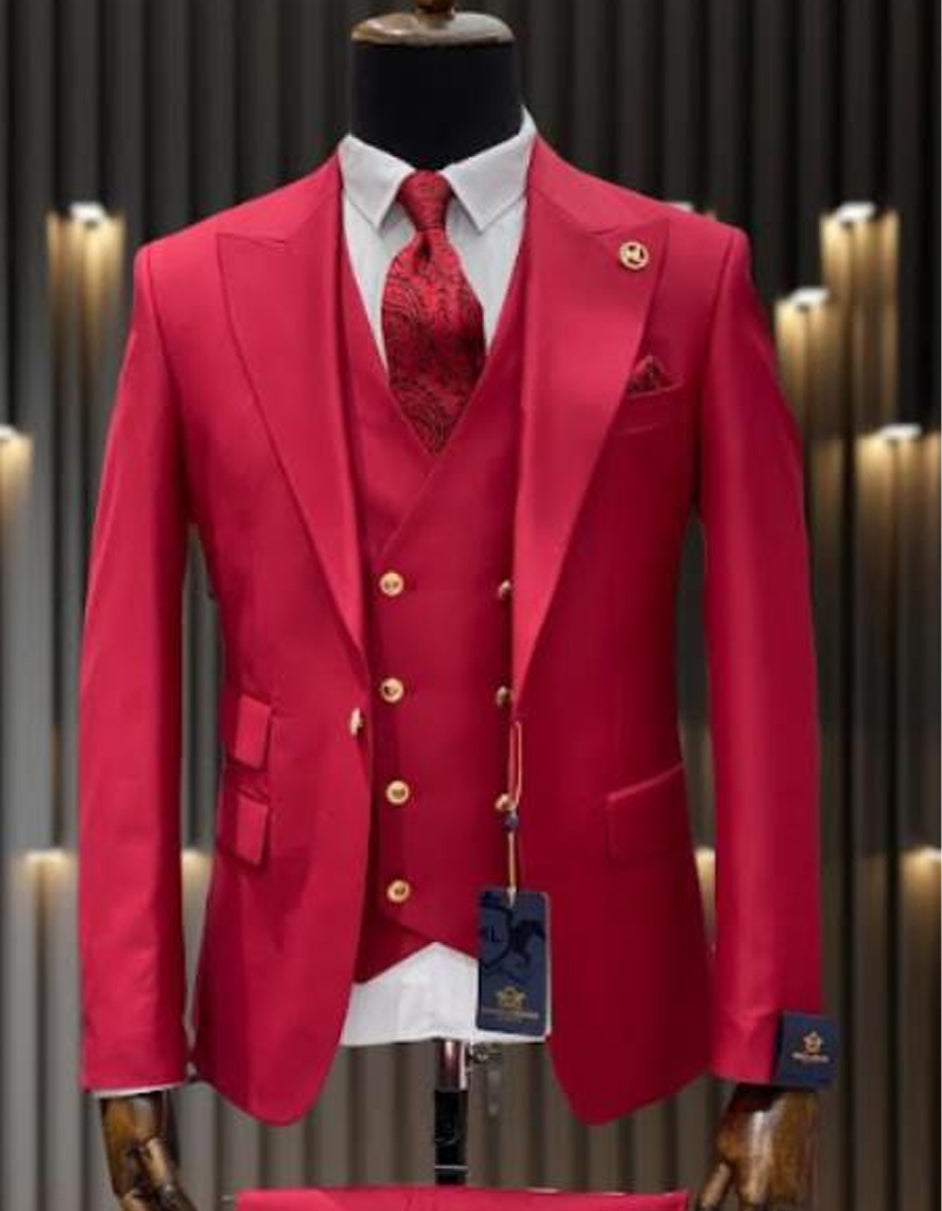 Mens One Button Peak Lapel Vested Wool Suit with Gold buttons in Red - 38 Short Jacket+32 Waist Adjustable 28to34)(Height: 5 4 to5 7 )(Neck 15-16.5)S-M)