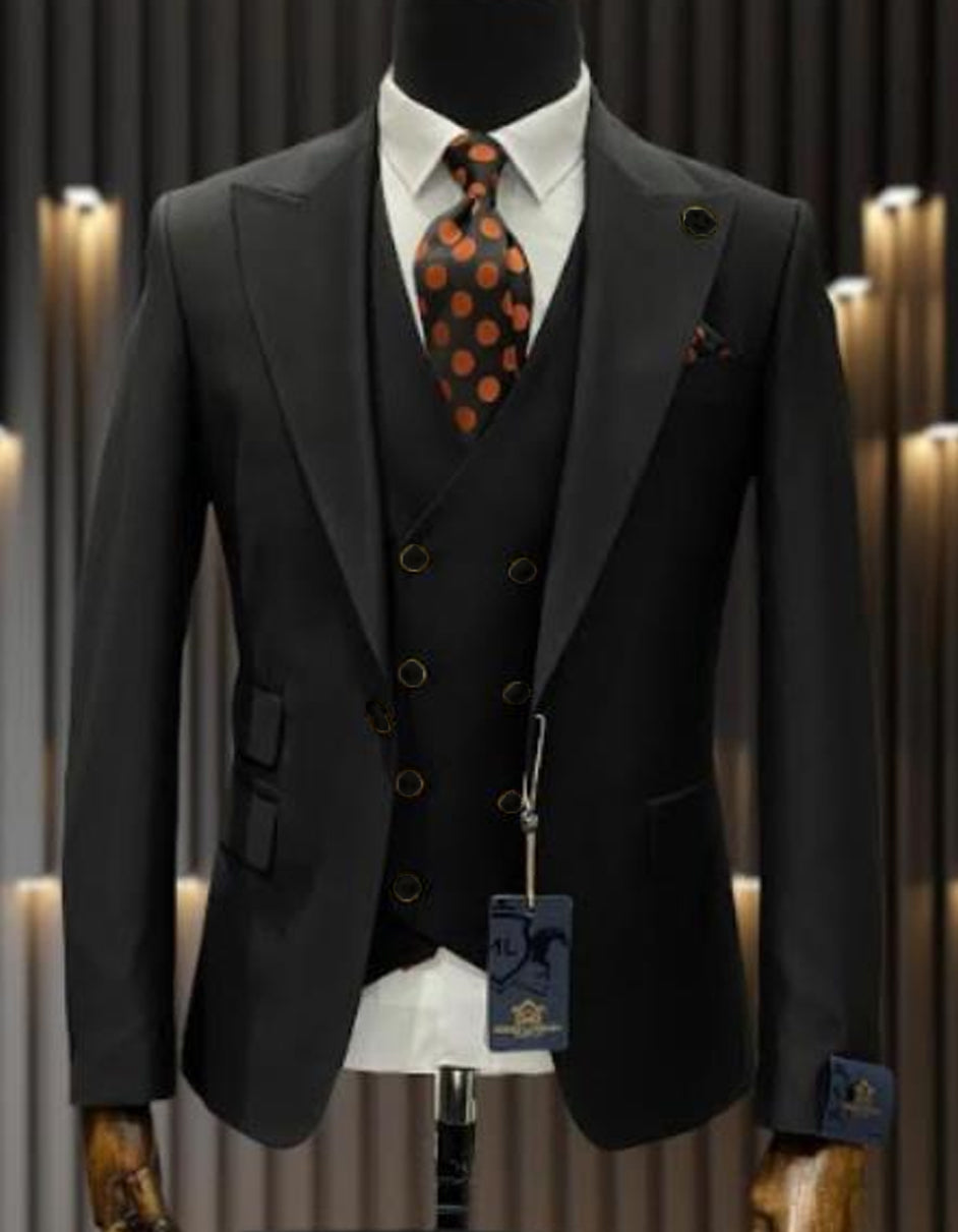 Mens One Button Peak Lapel Double Breasted Vest Wool Suit in Black - 38 Short Jacket+32 Waist Adjustable 28to34)(Height: 5 4 to5 7 )(Neck 15-16.5)S-M)