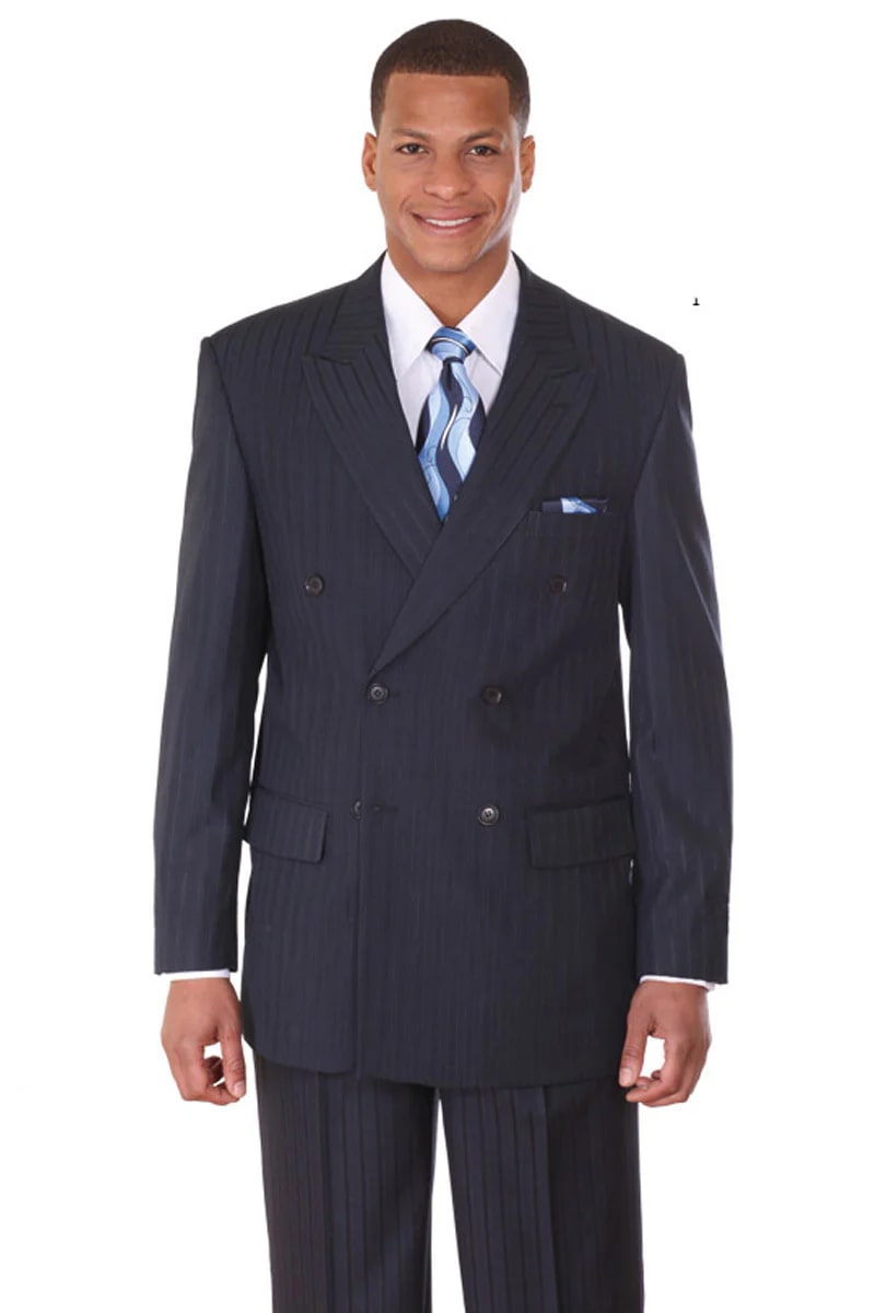 Mens Double Breasted Ton on Ton Stripe Suit in Navy - 38 Short Jacket+32 Waist Adjustable 28to34)(Height: 5 4 to5 7 )(Neck  15-16.5)S-M)