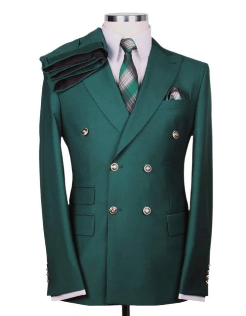 Mens Designer Modern Fit Double Breasted Wool Feel Suit - Designer Brand with Gold Buttons in Hunter green