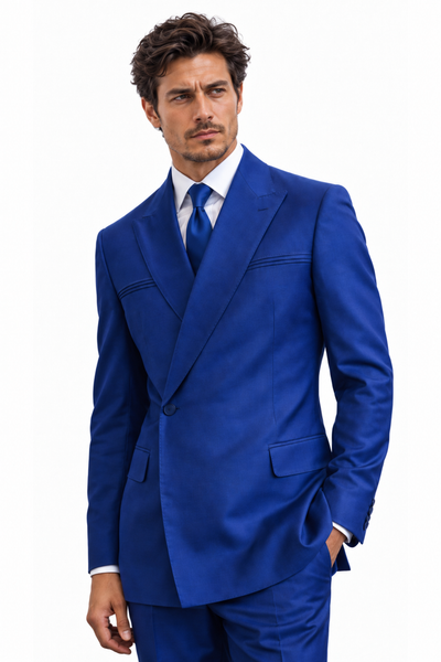 Mens Double Breasted Suit with a Unique 1-Button Closure and a Bold Peak Lapel, Flat Front Pants, Modern Fit in Sapphire By Statement in 100% Wool Fabric