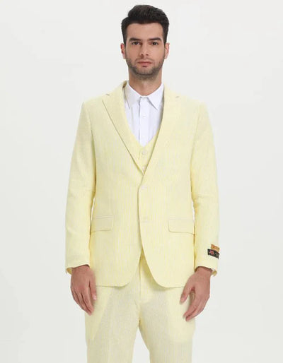 Mens Jacket + Pants Summer Seersucker Suit in Yellow Pinstripe
