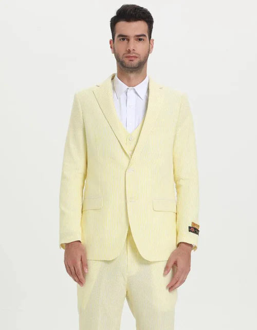 Mens Vested Summer Seersucker Suit in Yellow Pinstripe - 38 Short Jacket+32 Waist Adjustable 28to34)(Height: 5 4 to5 7 )(Neck 15-16.5)S-M)