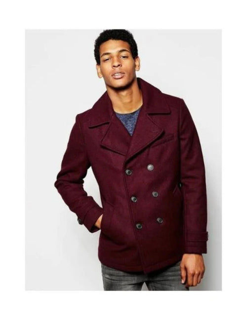Mens Burgundy Wine Six Button Wool Peacoat Car Coat